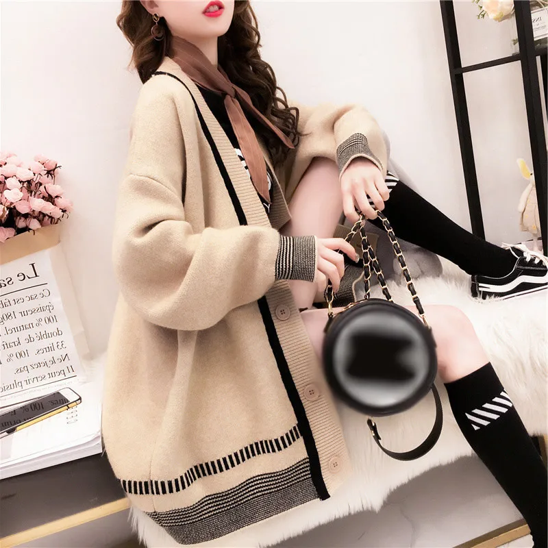 

Women Knitted Loose Thermal Korean Design Sweater Cardigan Female Overcoat Harajuku Free Size College Style Coat Black/Khaki