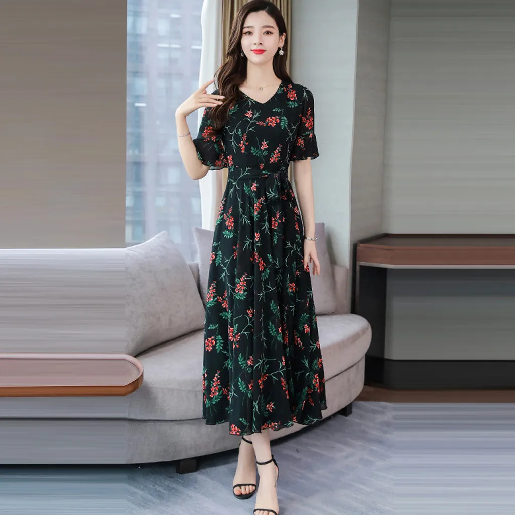 Женские Платья с цветочным принтом # K20 летнее пляжное платье Бохо С v образным