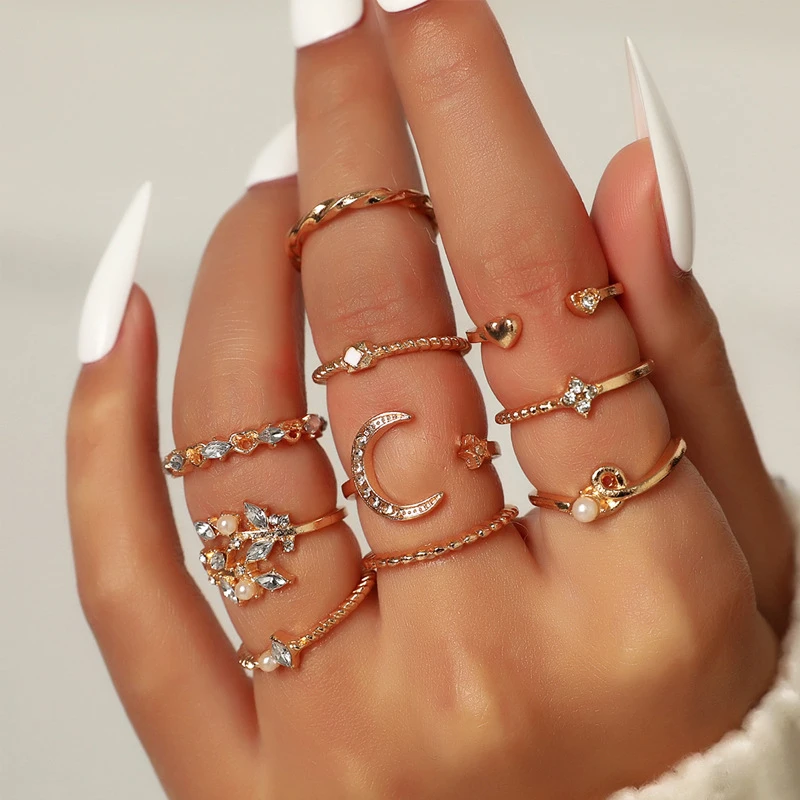 

Fashion Womens Rings 10 Pieces Set Star Moon Ring for Women Men Girl Jewelry Accessories