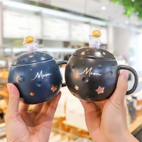 creative cartoon astronaut moon star mugs with spoon water cup home office gift mug milk coffee ceramic cup for children