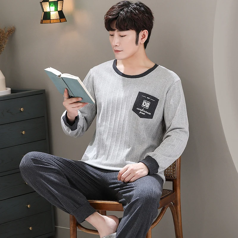 Korean Comfortable Sleepwear for Man Cotton Pajamas Suits Spring Autumn Long Sleeved Sleep Tops pants Home suits hombre Freeship