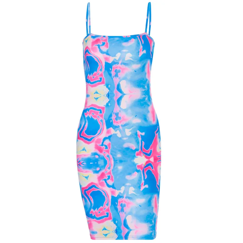 

Fashion Tie Dyeing Print Sleeveless Strap Dress Clubwear Party 2020 Sexy Women Slim Summer Dress Fashion Short Mini Pencil Dress