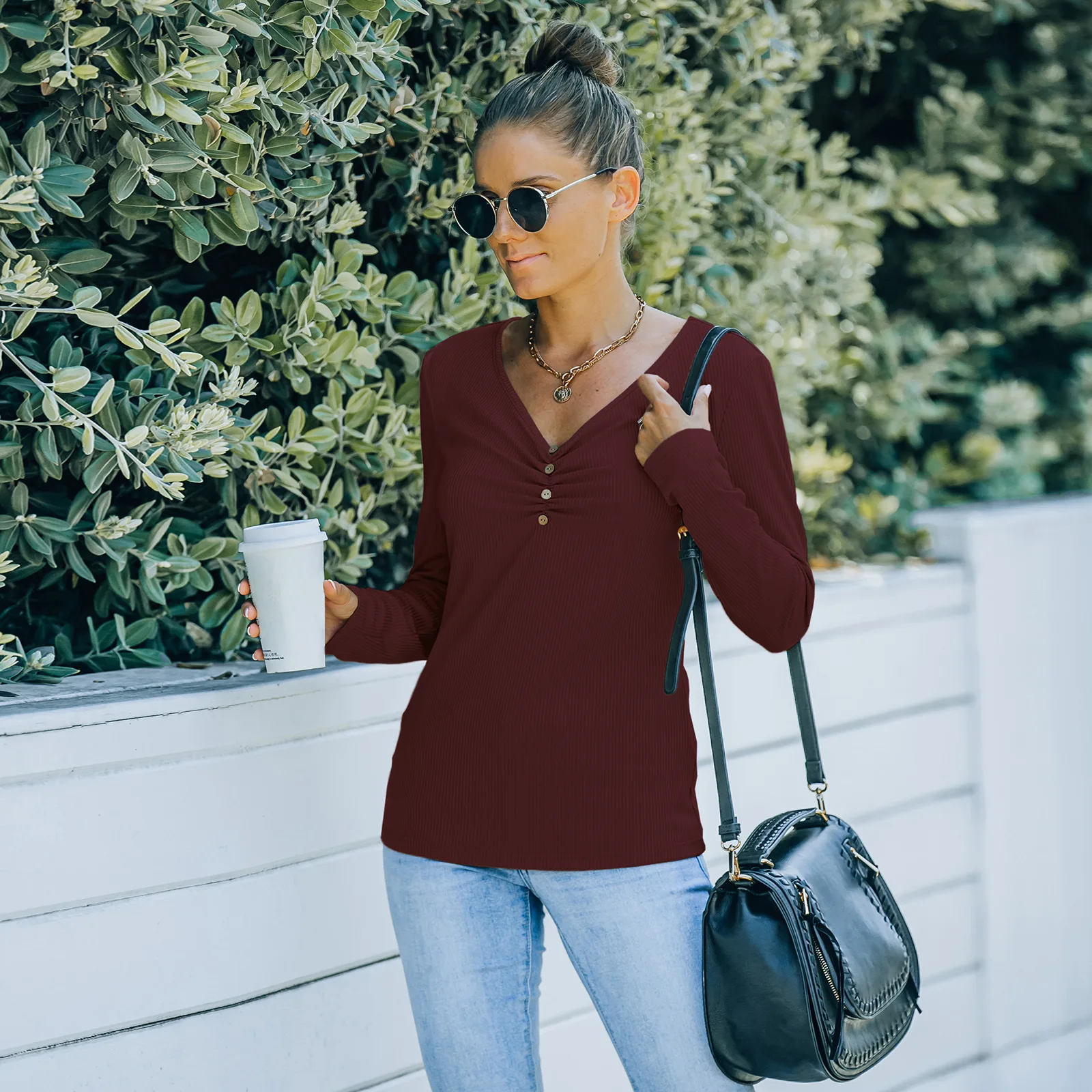 

Women Pullover New Casual Concise Office Lady Solid V-Neck Autumn Tops Elastic Button Trendy Slimming Long Sleeve Shirt