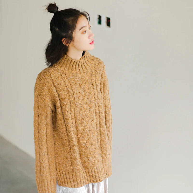 

Ailegogo Fashion Winter Women Turtleneck Pullovers Casual Knitted Thickness Warm Sweater Loose Fit Solid Color Knitwear Tops