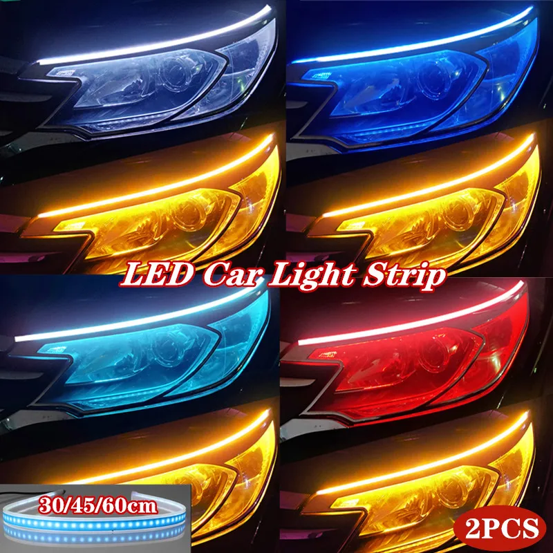 

2pcs LED DRL Car Daytime Running Light Flexible Waterproof Strip Auto Headlights White Turn Signal Yellow Brake Flow 12V