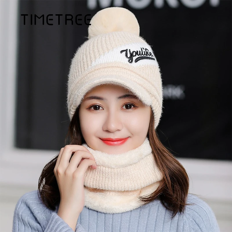 Зимний теплый шарф из двух частей плюшевая утепленная женская шапка облегающие