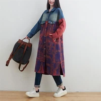 free shipping single breasted loose straight full sleeve spring autumn long mid calf outerwear with pockets denim patchwork