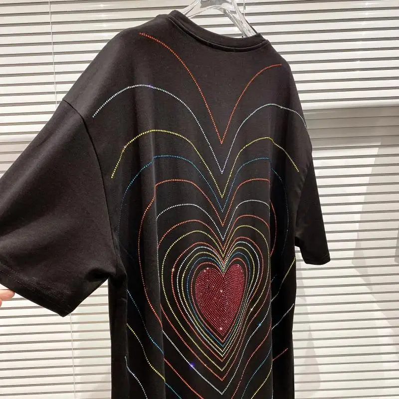 

2021 Spring and Summer New Color Rhinestone Hot Rhinestone Back Corrugated Heart round Neck Short Sleeve T-shirt for Women