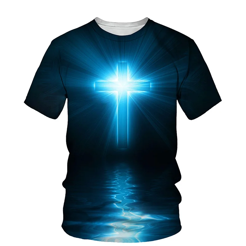 

3d cross print men's t-shirt jesus 2021 summer the neck short sleeve t-shirts Christian style tops men's clothing casual fashion