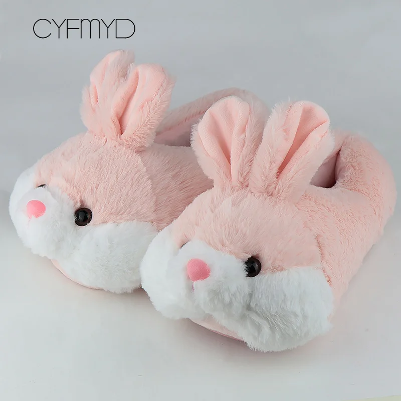 Pink Женские тапочки с милыми животными; домашняя обувь с кроликом для девочек; Большой размер 42; нескользящие зимние тапочки на плоской подошве; короткая плюшевая подошва из термопластичной резины - Цвет: Pink