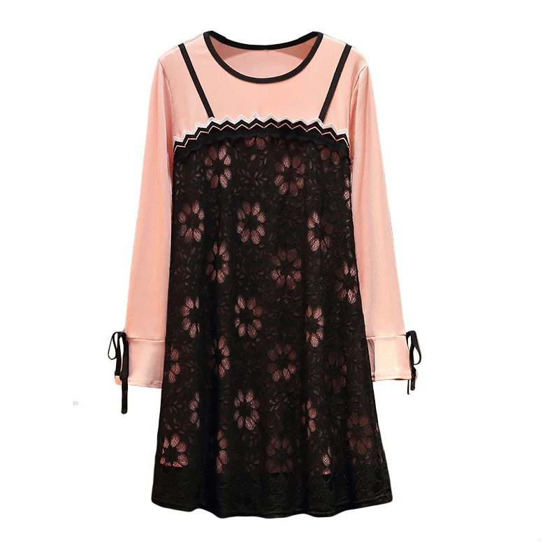 

plus size XL women dress fashion patchwork o neck long sleeve lace dress elegant casual A line dress vestido Women's clothing