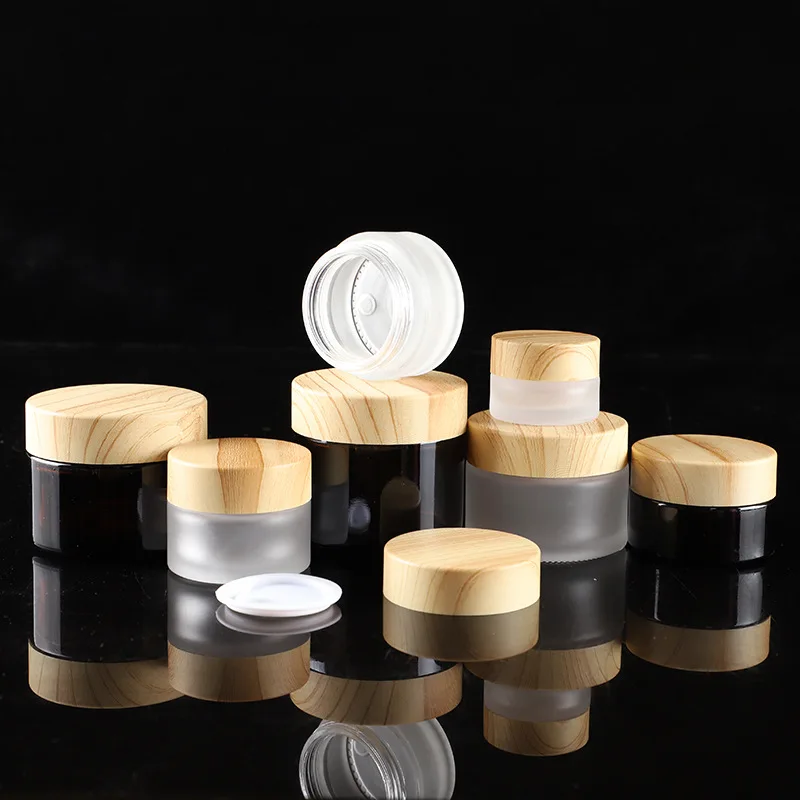 

6 X 5G 10G 15G 30G 50G Frosted Glass Jar Skin Care Eye Cream Jars Pot Refillable Bottle Cosmetic Container With Wood Grain Lid