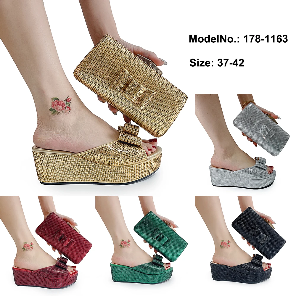Italian Wedding Party Shoe with Bag Bow Decor Rhinestone Summer Wedge Shoe and Purse Luxury Golden Silde Shoe and Bag Set 178-11