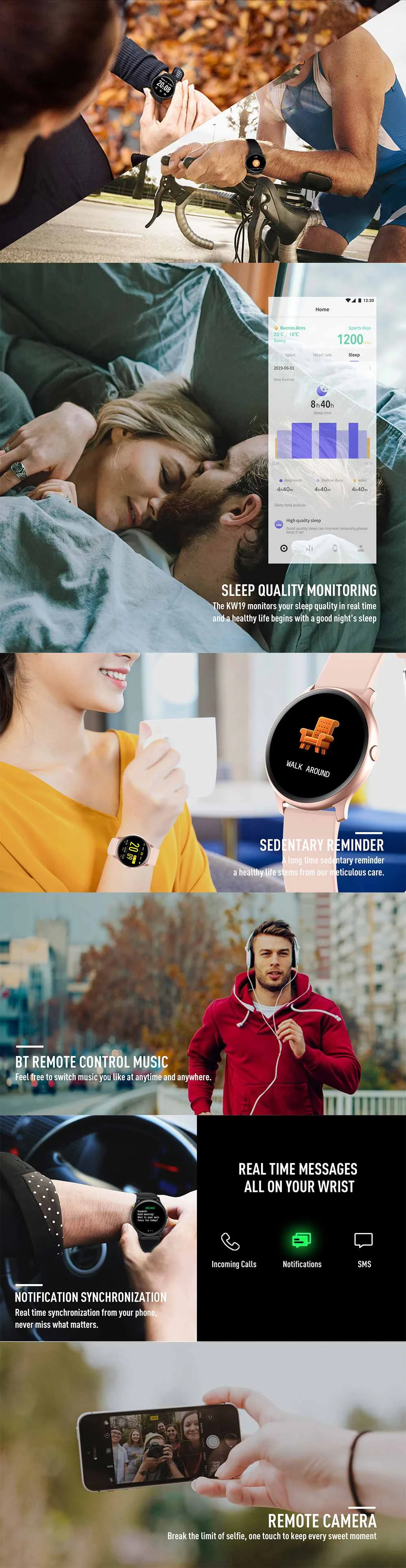 KINGWEAR KW19 монитор сердечного ритма кровяного давления погода толчок музыкальная камера Контроль яркости Регулировка фитнес здоровье Смарт часы