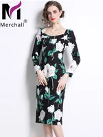 2022 spring fashion package hip floral dress females square collar long sleeve flower print bodycon midi party dresses m79041