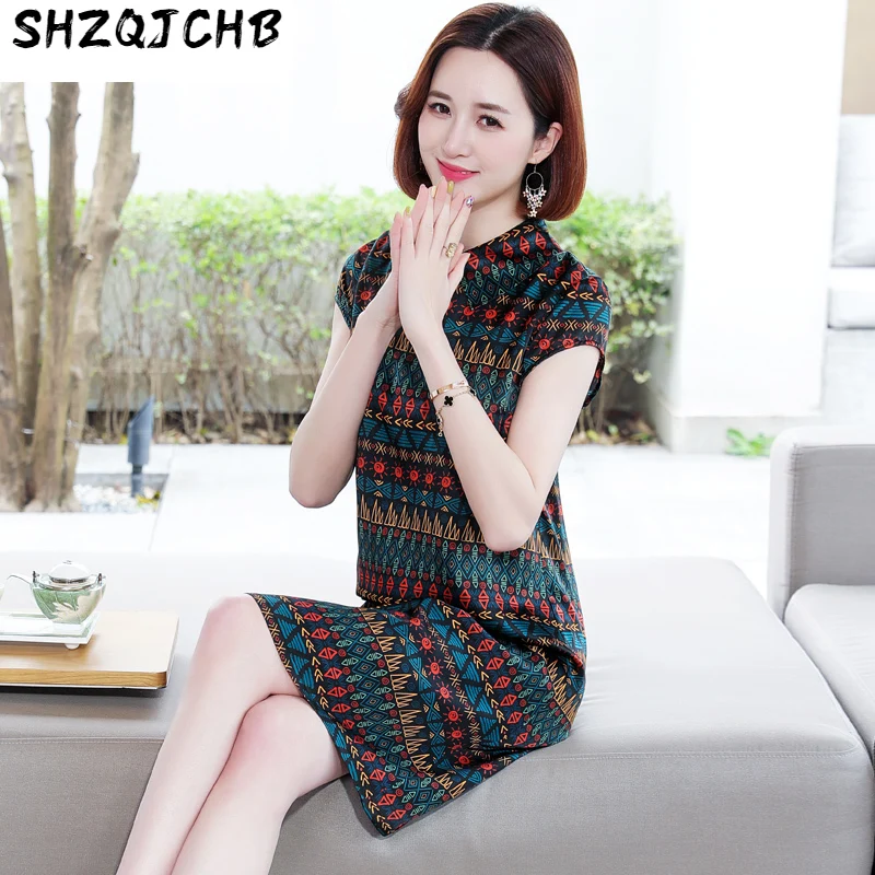 

SHZQ Silk Dress Women's Summer New National Style Printed Medium Length Skirt Mulberry Silk Dress