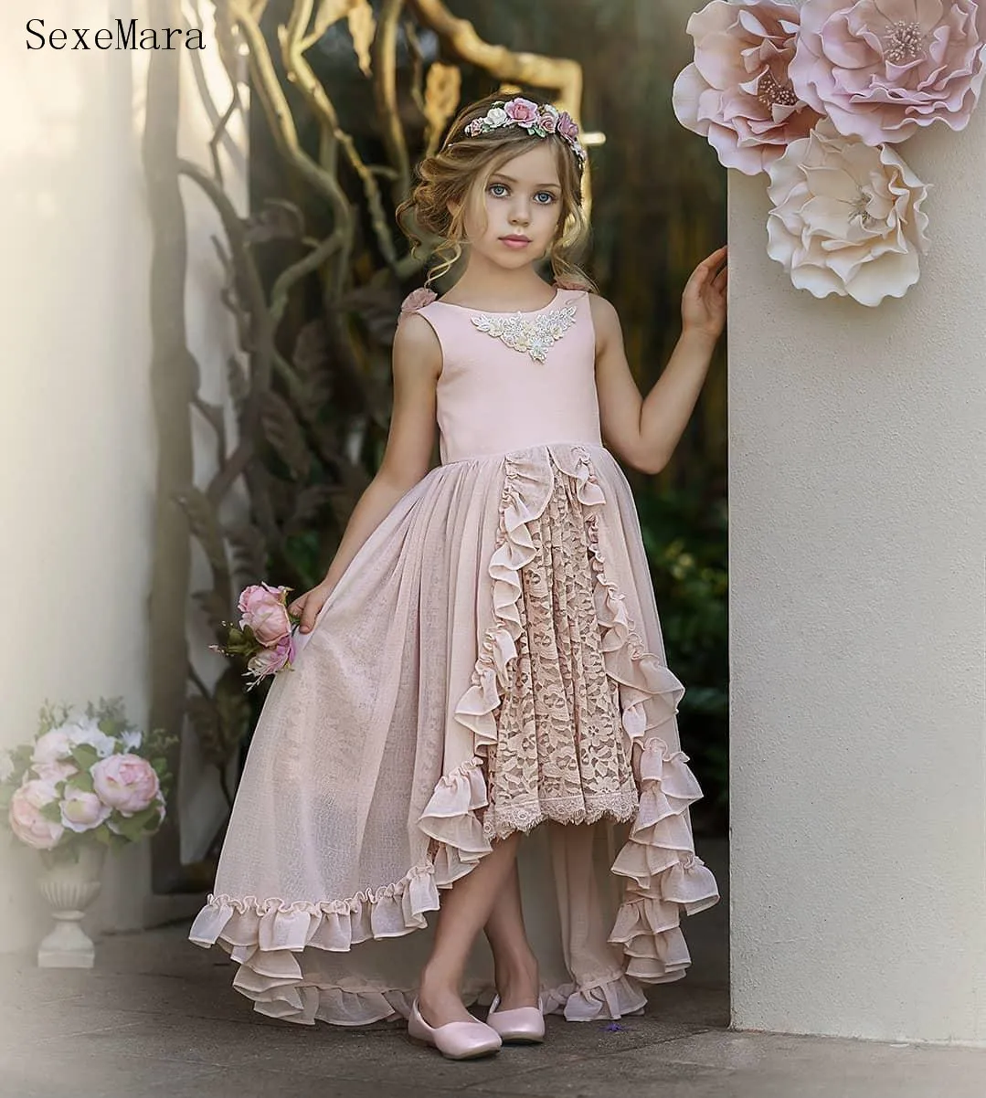 Pink Cute Tulle Gown Flower Girl Dresses Lace Applique O Neck Kids Pageant Dress Floor Length Girls Birthday Gown
