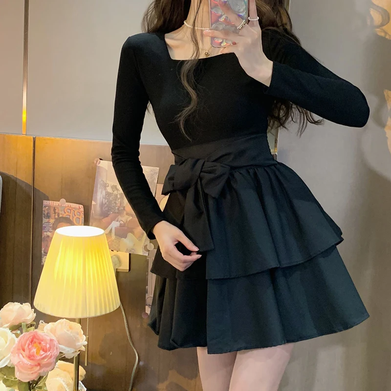 

Woman clothes design solid color square collar long sleeve bowknot little black dress 2022 new high waist slim fluffy dress