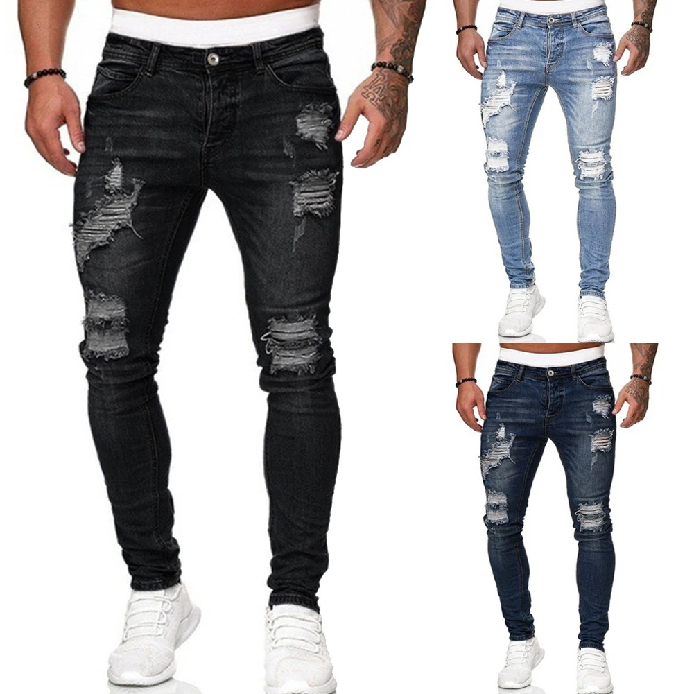 

Hot Sale Men Jeans Soft Skinny Stretchy Ripped Pants Whitening Denim Pencil Trousers Casual Denim Pants Mid-Waist Denim Pants