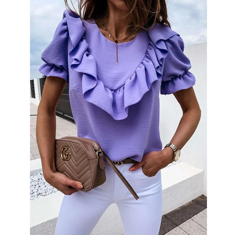 

Women's Puff Sleeve Ruffles Solid Color Round Neck White Black Pink Purple Shirt