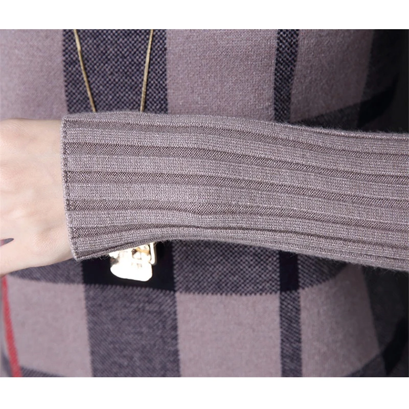 

2020 New Women Autumn Winter Dress Turtleneck Long Sleeve Plaid Knitted Sweater Dress Female Loose Sweaters Pullovers Dress 315