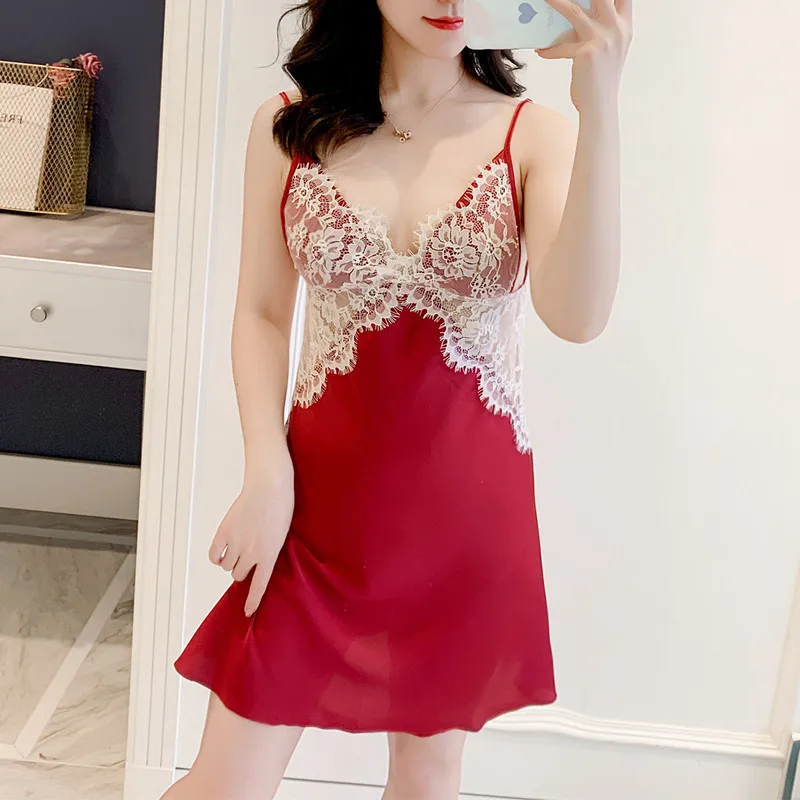 

Sexy Sleepwear Gown Womens Lace Nightshirts V-Neck Sleeveless Nightgown Summer Female Nighties Strap Dress Sleep Robes