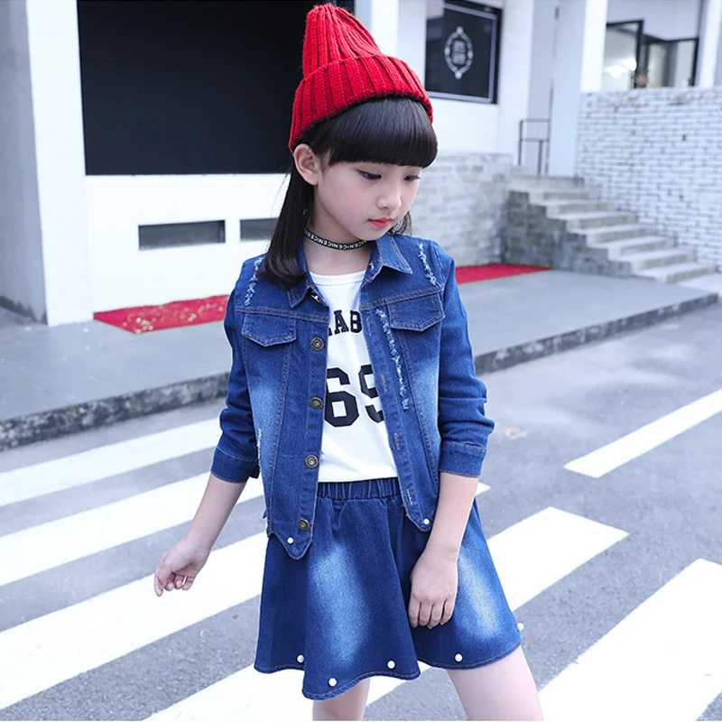 Одежда для девочек джинсовая модная спортивная куртка из трех предметов +