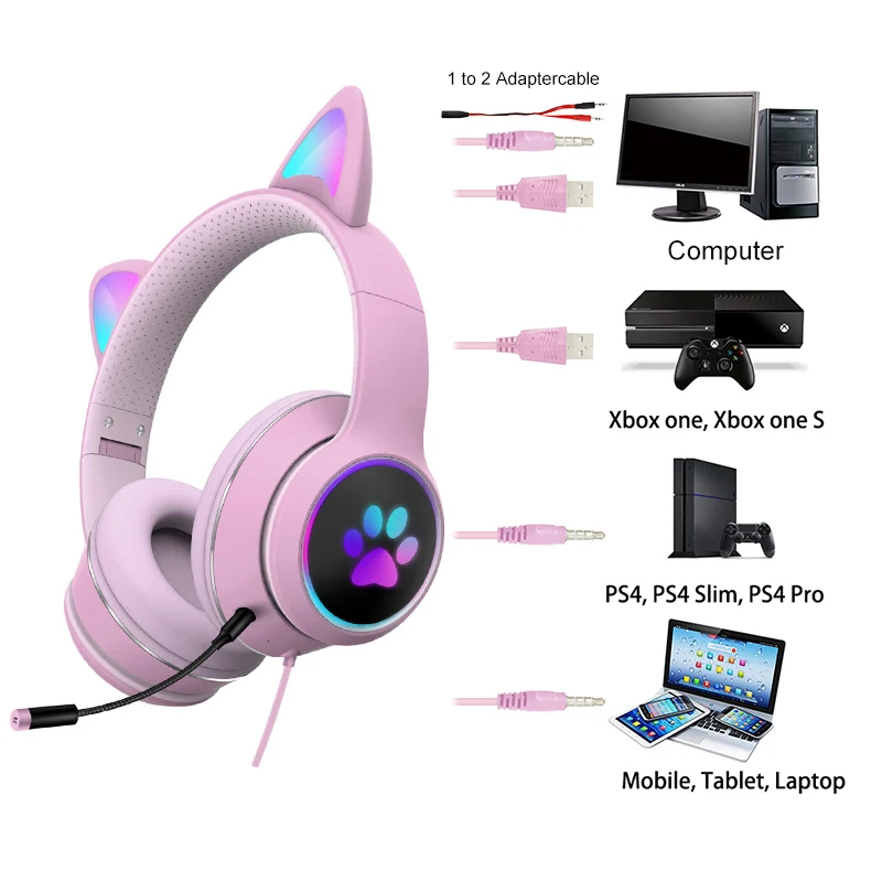 Cat Ears Gaming Headset Wired Headphone with Mic Noise-Cancelling ,7.1 Channel Stereo for PS4/Phone/PC Gamer Girls Headset fones images - 6