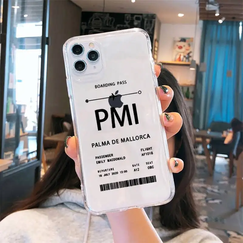 

Personalised Plane Ticket Phone Cases Transparent for iPhone 6 7 8 11 12 s mini pro X XS XR MAX Plus cover funda shell