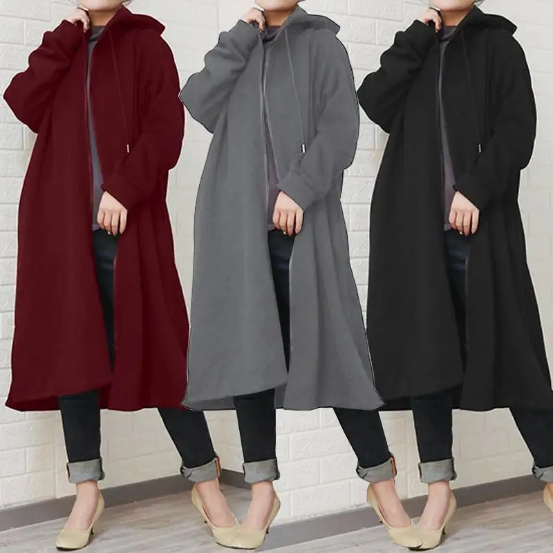 

2021 Winter Long Coats ZANZEA Women Zipper Hooded Fleece Sweatshirt Casual Hoodie Long Sleeve Jackets Autumn Vestidos Pullover