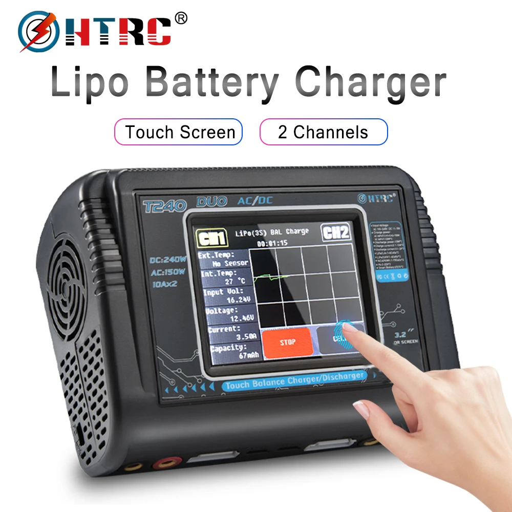 HTRC T240 DUO AC 150 Вт DC 240 10A сенсорный экран Двухканальное зарядное устройство баланса