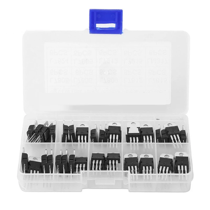 

LM317T L7805 L7806 L7808 L7809 L7810 L7812 L7815 L7818 L7824 Transistor Assortment Kit 10value x5pcs 50PCS Voltage Regulator Box