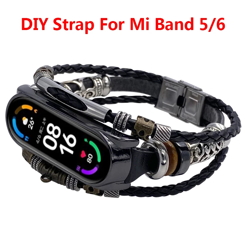 

Leather Strap For Xiaomi Mi Band 5/6 Universal Metal Shell Ethnic Style Beaded Fashion Retro DIY (Upgrade Version) Wristband