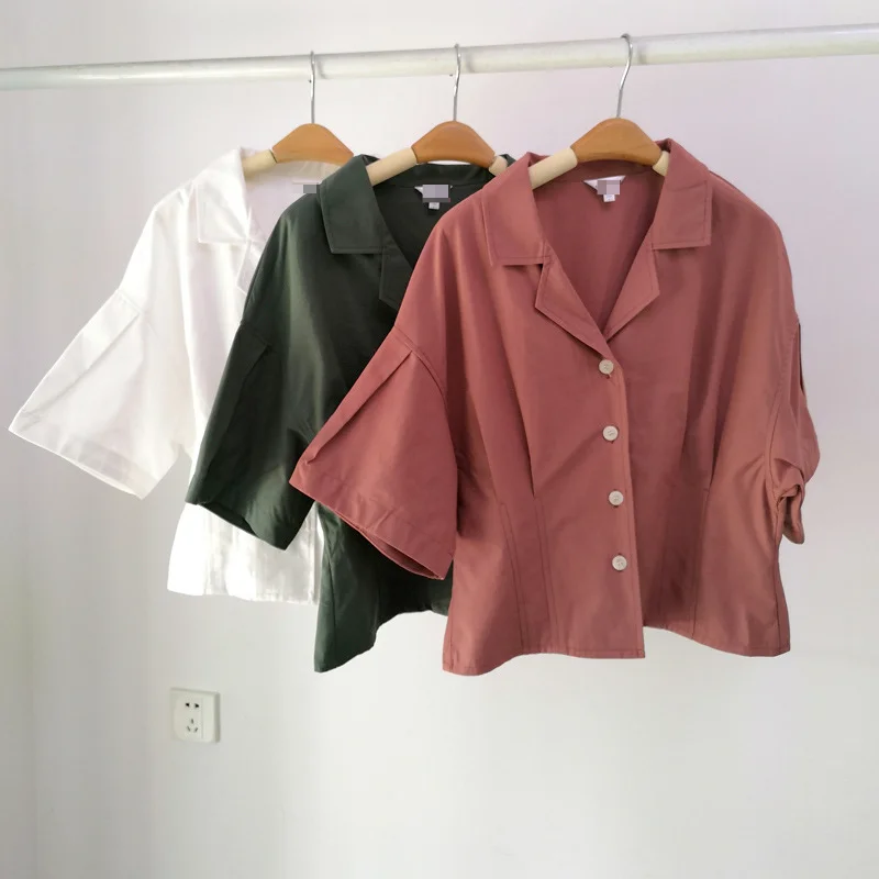 

Vintage Turn-down Collar Blouse Women Shirts Elegant Slim Waist Single Breasted Camisas Mujer Summer Short Sleeve Tops Mujer