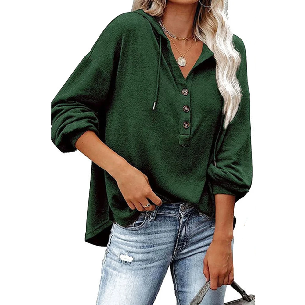 

Hoodie blouse Women 2022 Solid V Neck Long Sleeve Buttons Sweatshirt Hoodie Women's Clothing xxl