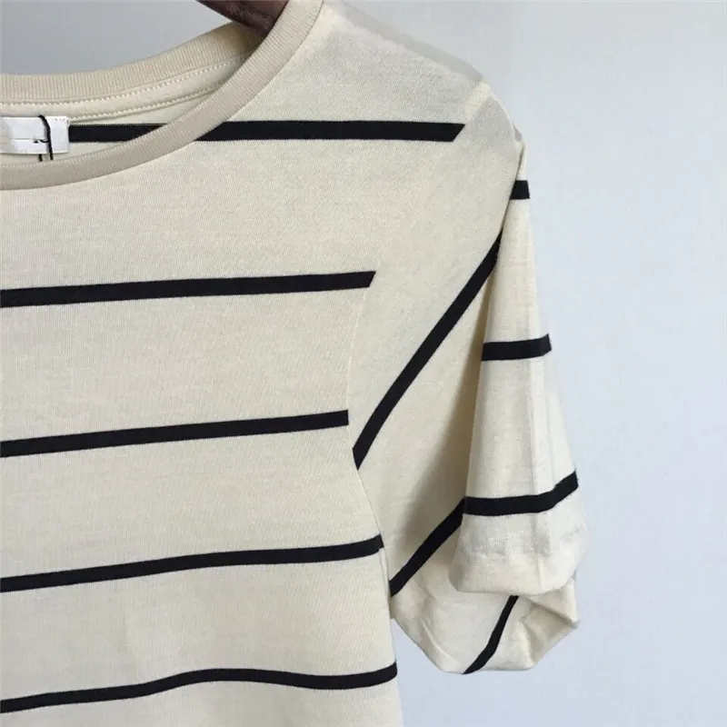 

2021 SS New Arrive Cream Striped Espera Cotton T-shirt Round Neck Short Sleeves Casual Tops Tees Classic Wild Striped Lady Tops