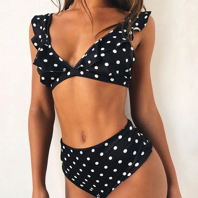 

New Arrive Sexy Bikini High Waist Swimwear Women Push Up Swimsuit Ruffle Polka Dot Swimsuit Bikini Summer Beach Wear