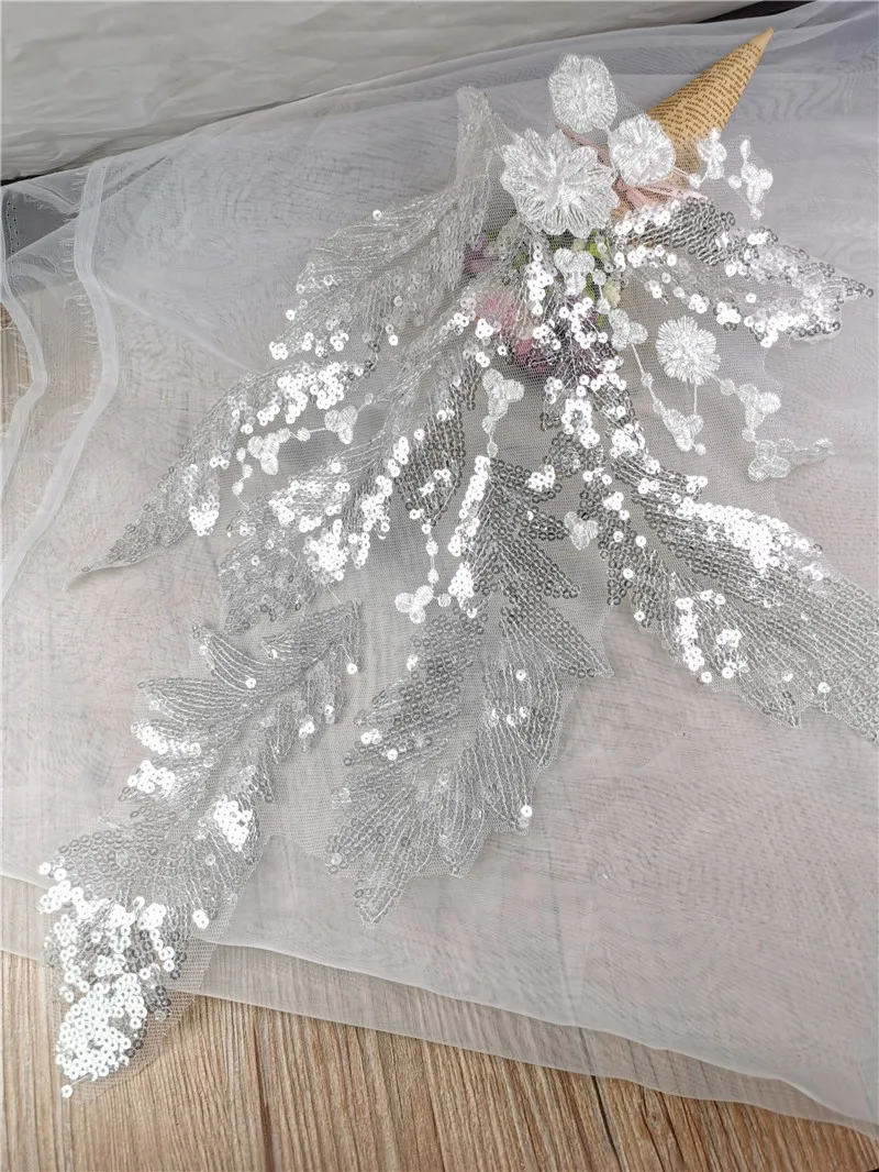 

1PC White Sequins Wedding Dress Embroidery Lace Patches Lace Applique DIY Clothing Decorative Accessories 31X44CM