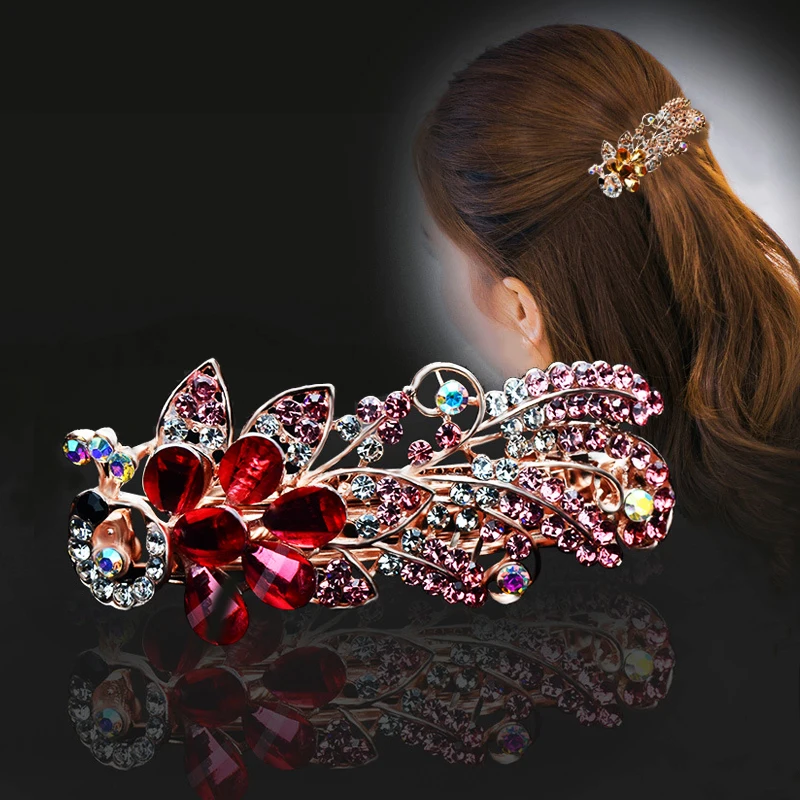 

Peacock-shaped Spring Clip Rhinestone Hairpin Temperament Ethnic Style