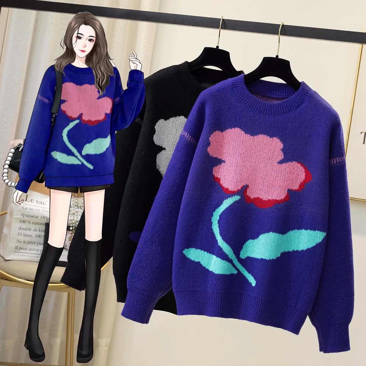 

Flower Sweet Knitted Plus Large Size Oversize Korean Style Fashion Pullovers For Autumn Women'S Clothing Ladies Sweaters 2021