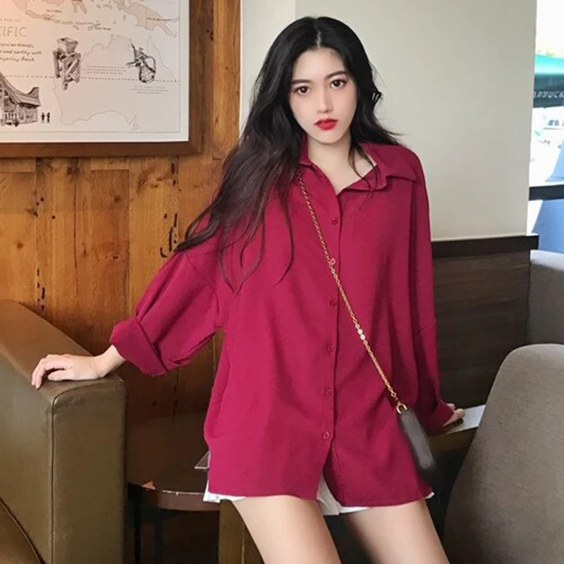 

Spring Korea Fashion Women Bf Loose Batwing Sleeve Turn-down Collar Long Shirts all-matched Casual Blouse Female Blusas S389