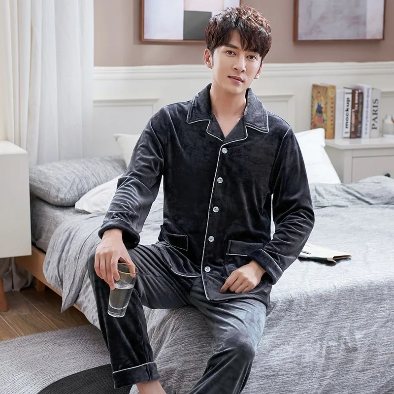 2020 Autumn/winter Pajamas Men's Flannel Korean Version of The Double-layer Thickened Island Fleece Cardigan Home Service Suit