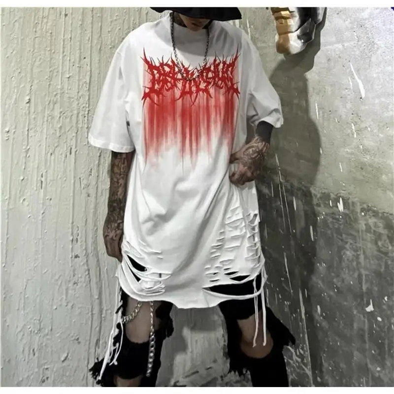 

Printed graffiti T-shirt men ripped short-sleeved tshirts 2021 summer new high street hip-hop style aesthetic casual loose tops