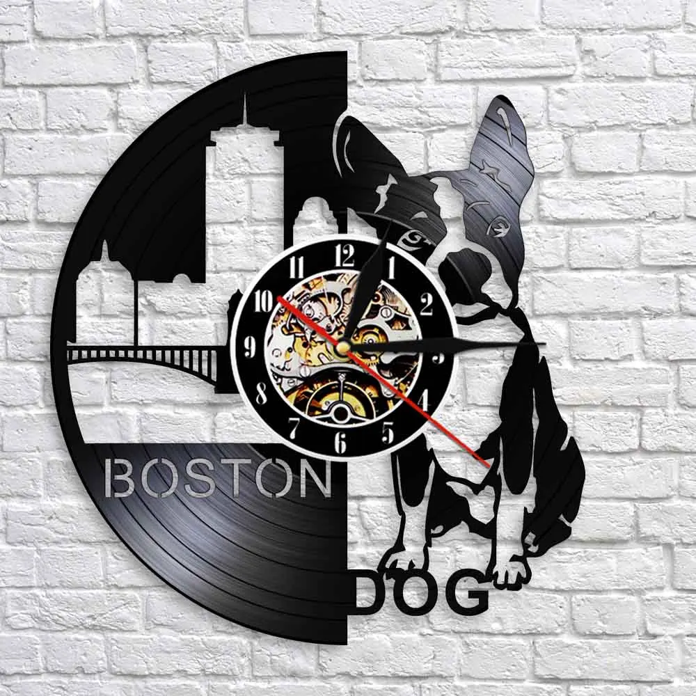 Фото Настенные часы Boston Dog: милый щенок, тень, виниловая пластинка, 3D-часы, современный дизайн, бесшумный декор для детской комнаты №2