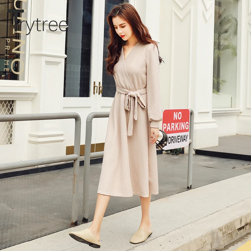 Осень-зима 2020 женское Повседневное платье Trytree трикотажное однотонное Модное