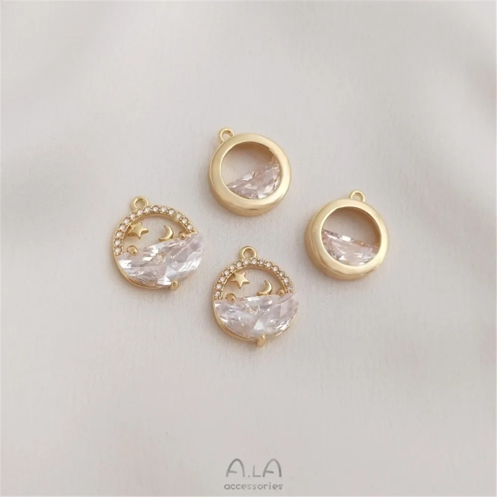 

14k Gold coated zircon still water Bright Moon Round Pendant handmade DIY headpiece Pendant Necklace Earring Pendant