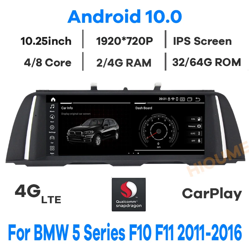 

10.25" Qualcomm CPU Android 10 Car Multimedia Player GPS Navigation Radio for BMW 5 Series 520i F10 F11 2011-2016 CIC/NBT Stereo