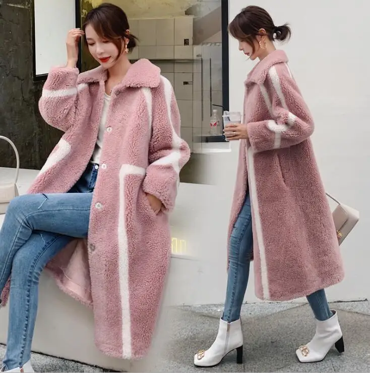 Winter Fur Coat Long Woolen Jacket turn Down Collar Sheepskin Female red x-long Russian winter Christmas festival wear
