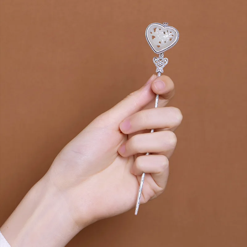 

Silver S925 Sterling Retro Cool Heart-Shaped Hotan White Porous Antique Style Chinese Hair Pins For Women Headdress