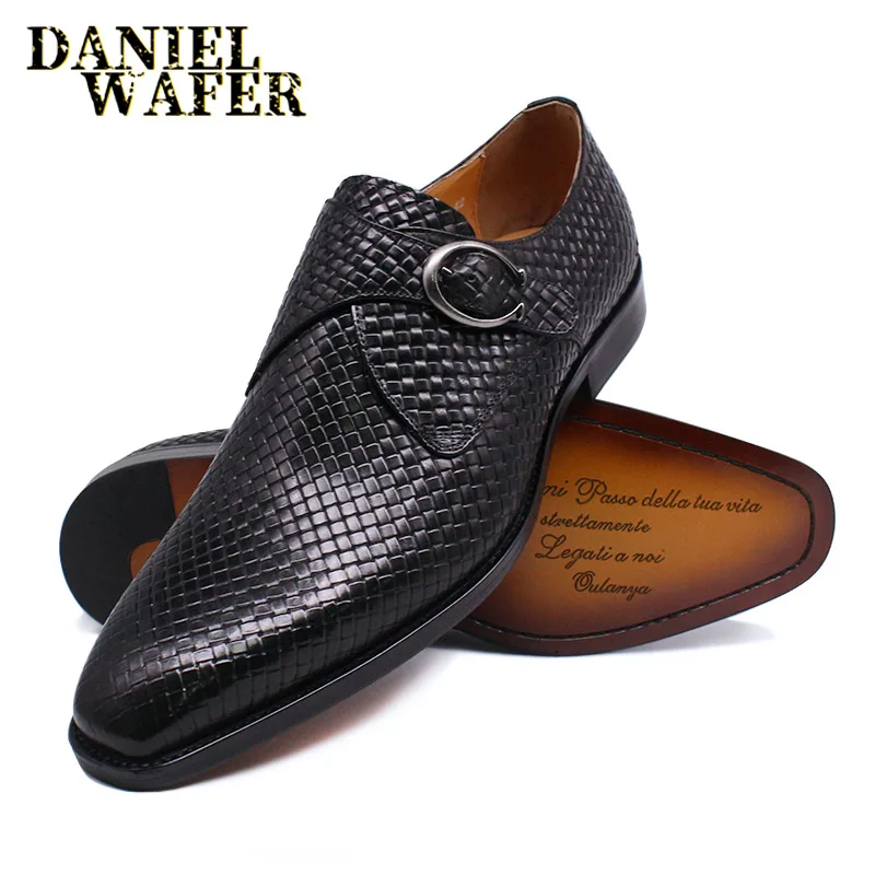 

Luxury Men Loafers Shoes Fashion Weave Prints Genuine Leather Shoes Black Monk Strap Slip Wedding Office Casual Men Dress Shoes